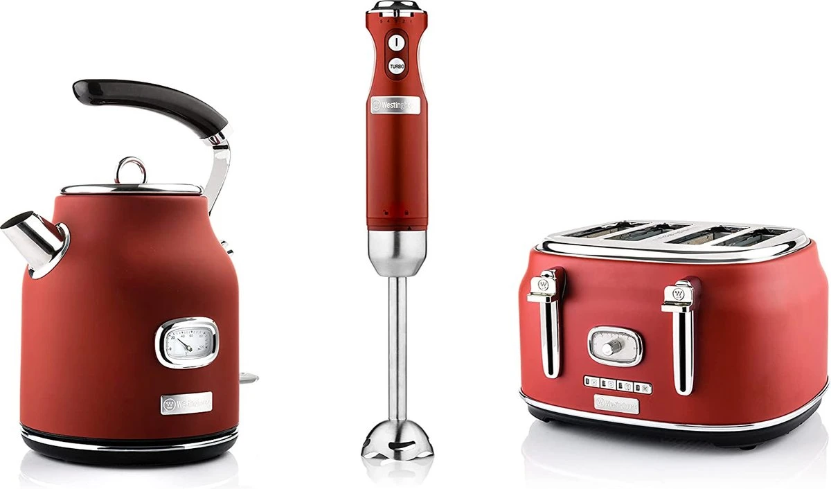 Westinghouse Retro Waterkoker + Broodrooster 4 Sleuven + Staafmixer - Rood Westinghouse Retro Waterkoker + Broodrooster 4 Sleuven + Staafmixer - Rood -Goedkope Keuken Benodigdheden